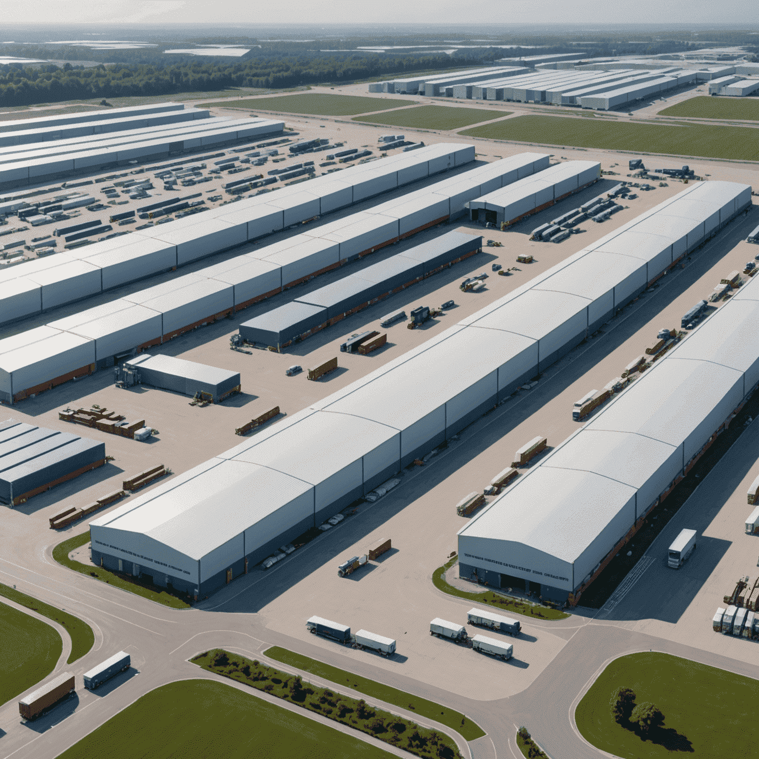 A modern logistics hub with trucks, warehouses, and advanced technology systems visible. The image showcases the scale and efficiency of the new facility.