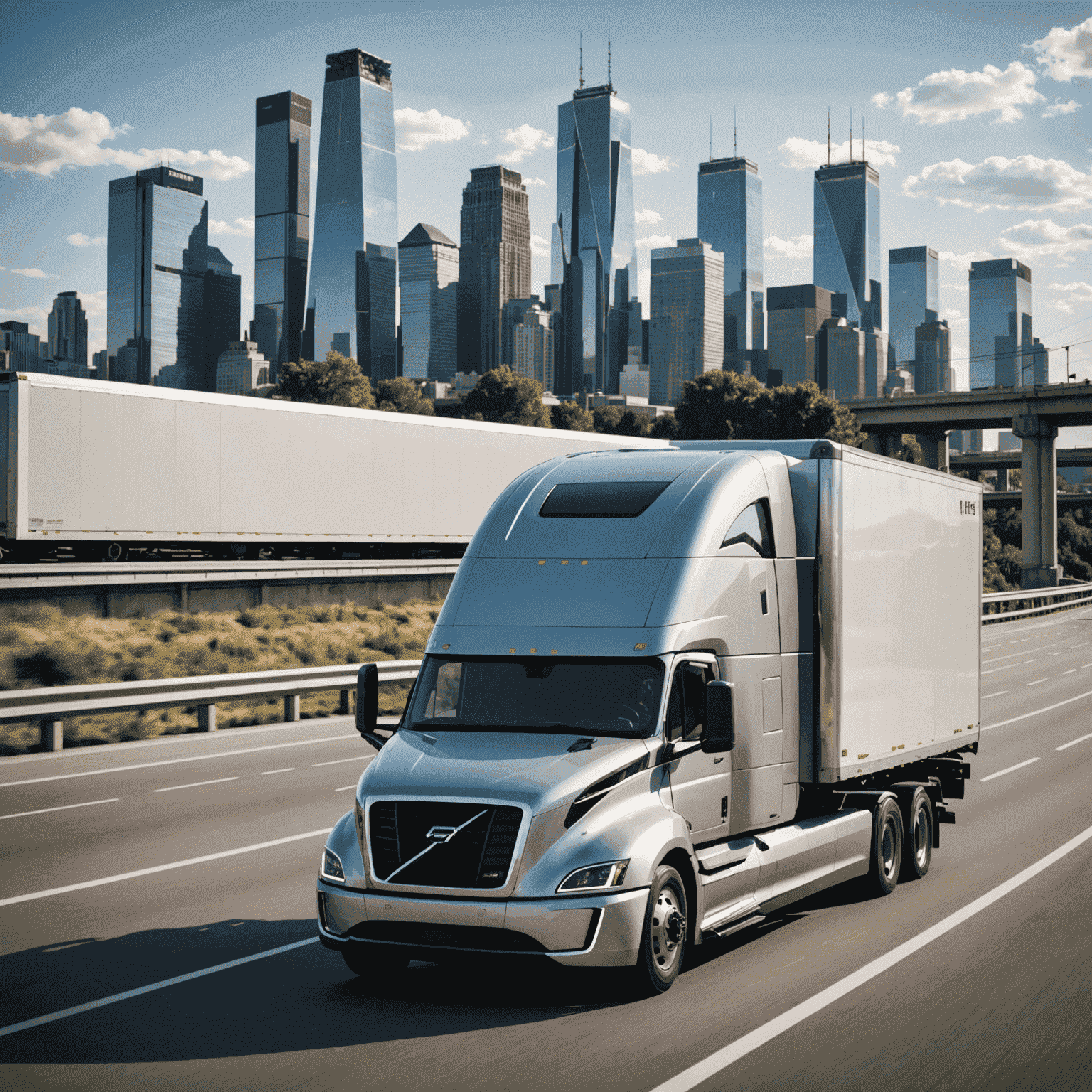 A modern electric truck on a highway with a cityscape in the background, showcasing the future of freight transportation