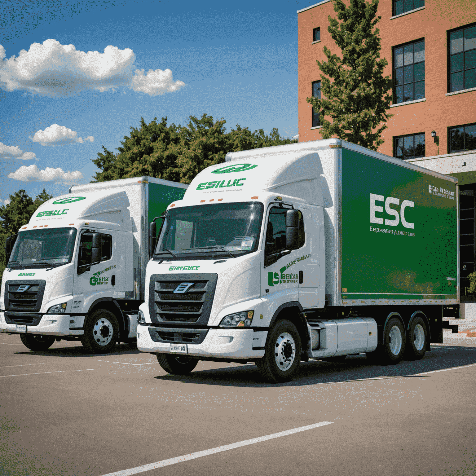 A fleet of modern electric trucks with engr efsllc branding, showcasing the company's commitment to sustainable logistics solutions.