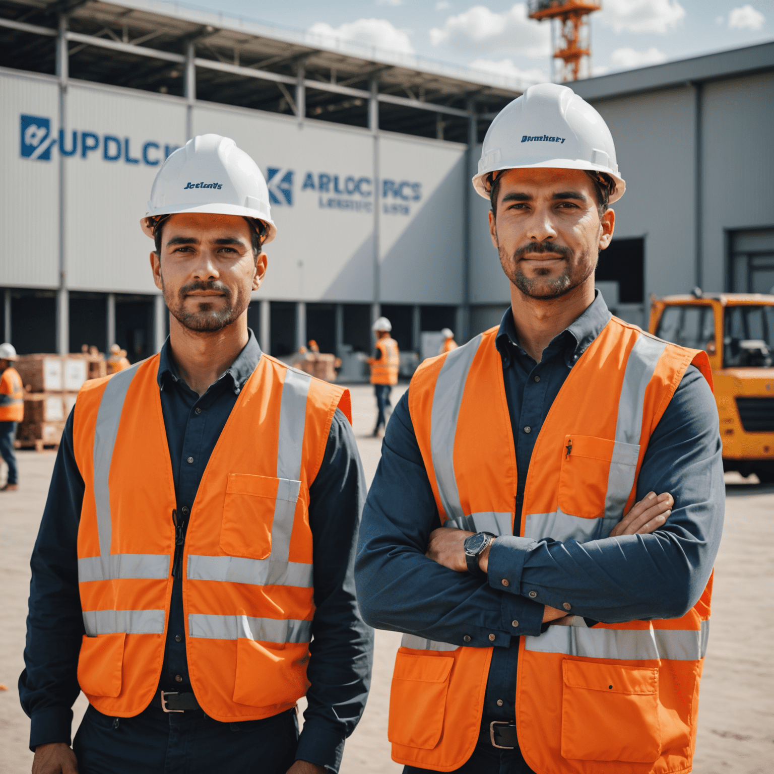 A group of workers in safety vests and hard hats standing proudly in front of the new logistics hub. The image conveys a sense of accomplishment and the promise of new job opportunities.