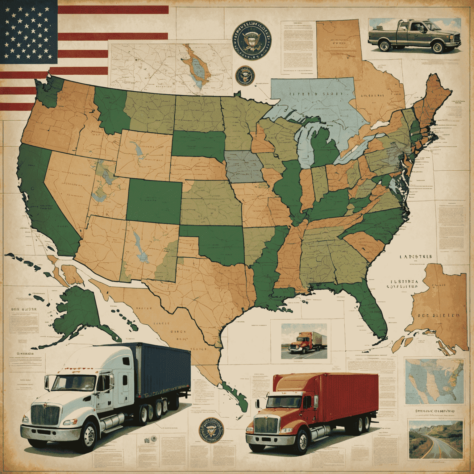 A collage representing new interstate shipping laws, featuring a map of the USA, legal documents, and trucks crossing state lines.