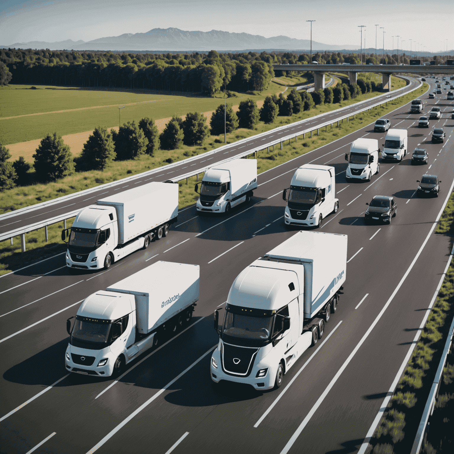A futuristic depiction of an automated electric truck convoy on a smart highway, symbolizing the potential future of logistics